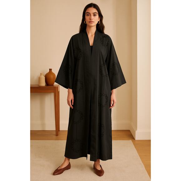 Vintage 70s Abaya Kimono Robe O/S Embroidered Longline Duster Jacket Black - Picture 11 of 11